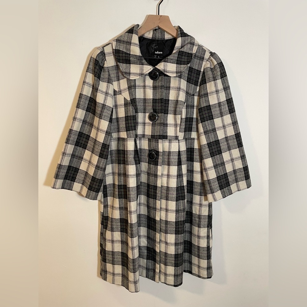 Takara Collared Plaid Long Wool Blend Lightweight Pea Coat 3/4 Sleeve Size Large